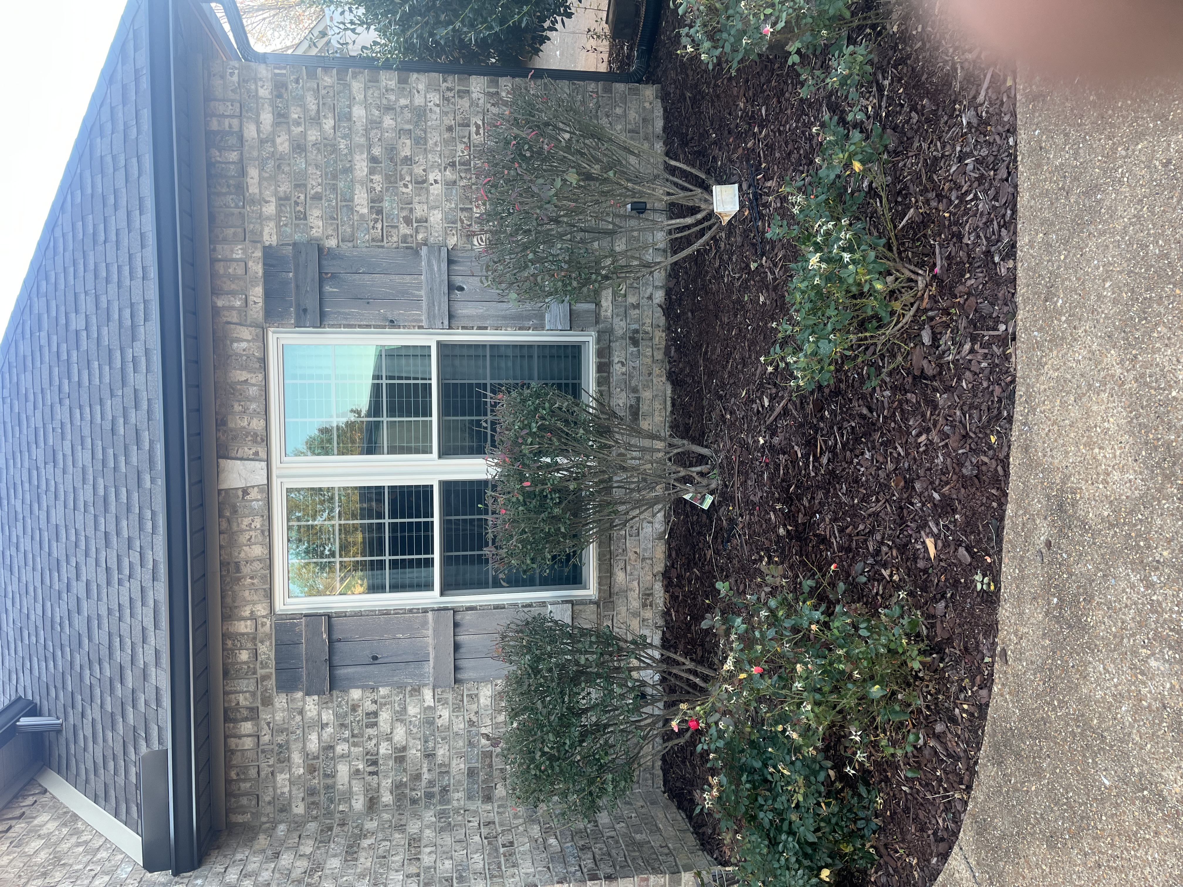 vinyl window with wooden shutters